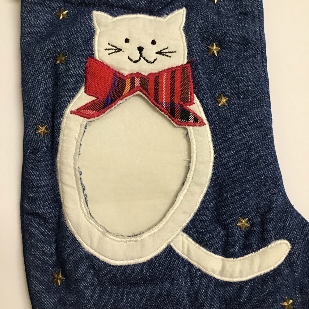 Cat Christmas Stocking Picture Frame Kitten Kitty Pet Applique Plaid Denim Stars - Picture 3 of 13